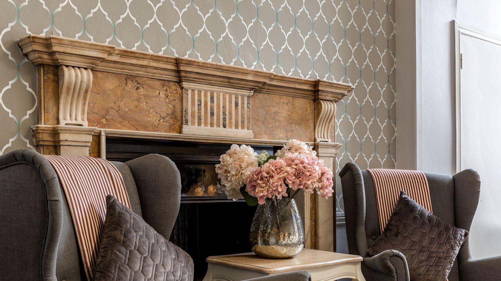 Chairs and fireplace